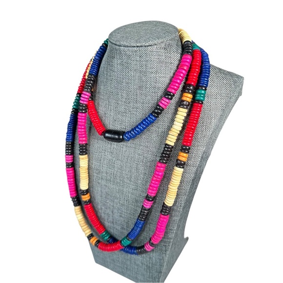 VINTAGE Long African Hand-Made Wood Beaded Necklace - Picture 4 of 7